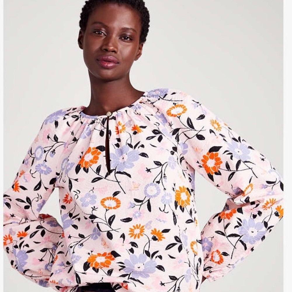 Kate Spade ♠️ Floral Garden Seersucker Top XXS blush pink floral blue orange